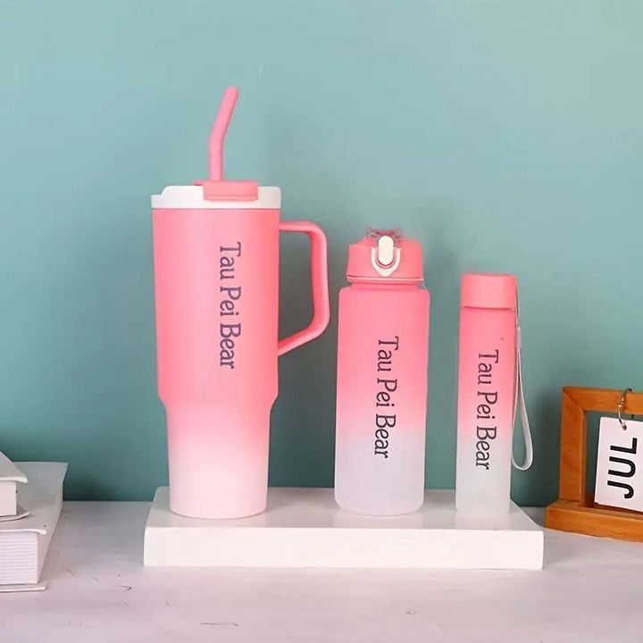 TauPei Bear Premium Gradient Water Bottle Set – Stylish Leakproof Travel Tumblers with Straw & Handle (3 in 1)