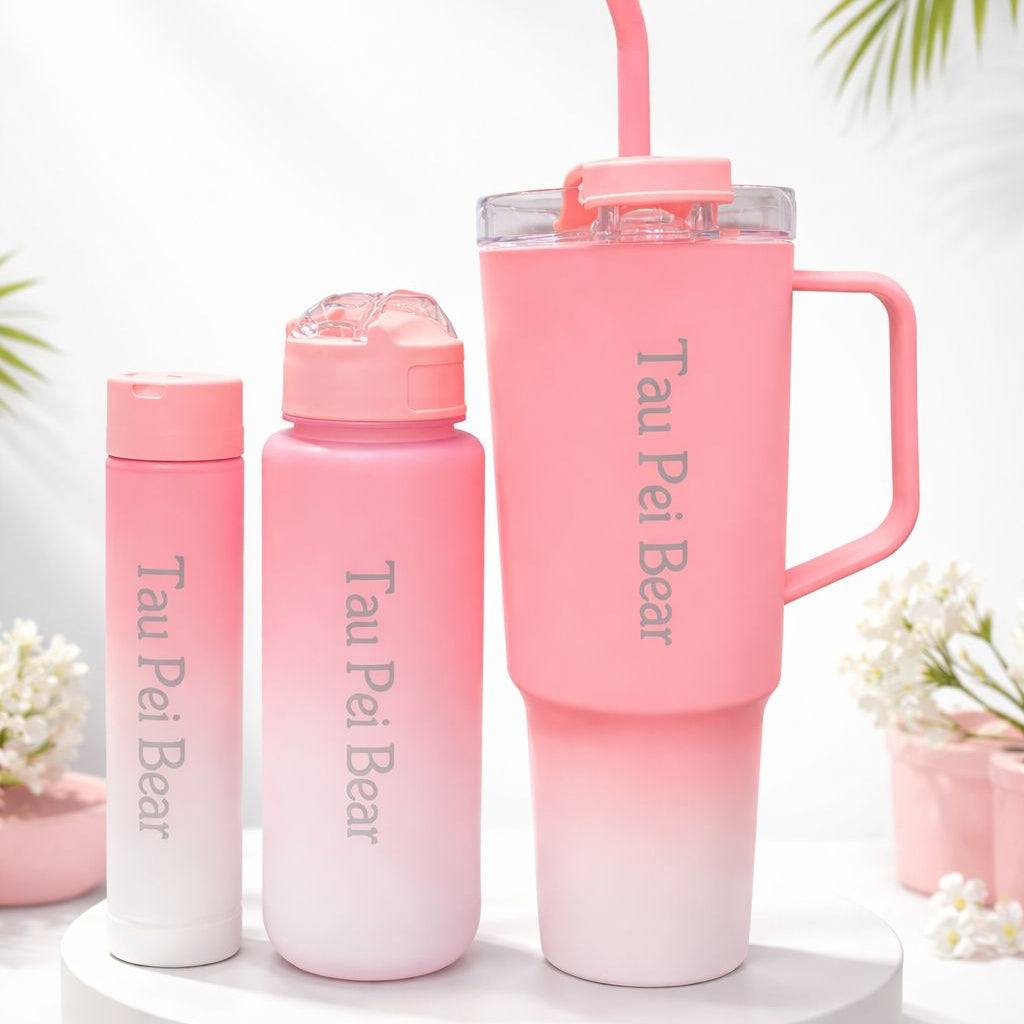 TauPei Bear Premium Gradient Water Bottle Set – Stylish Leakproof Travel Tumblers with Straw & Handle (3 in 1)