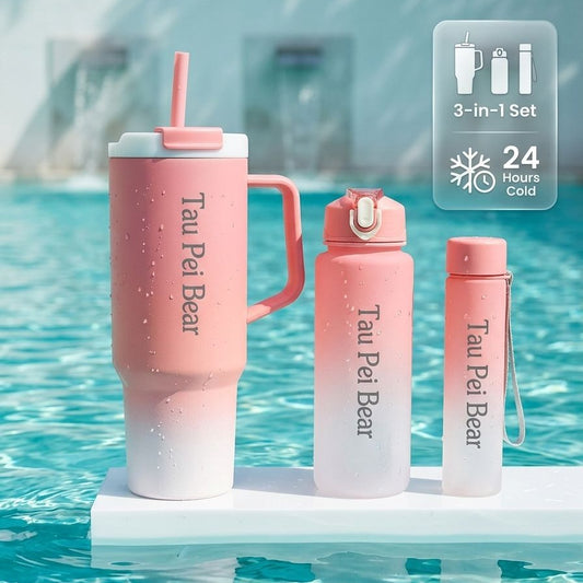 TauPei Bear Premium Gradient Water Bottle Set – Stylish Leakproof Travel Tumblers with Straw & Handle (3 in 1)